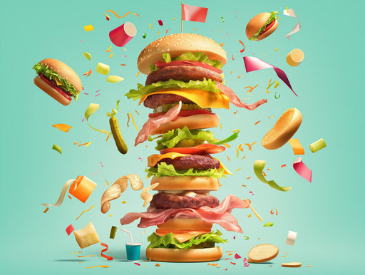 Burger Extravaganza Mural Wallpaper | Teal, Brown, Green, Multicolored