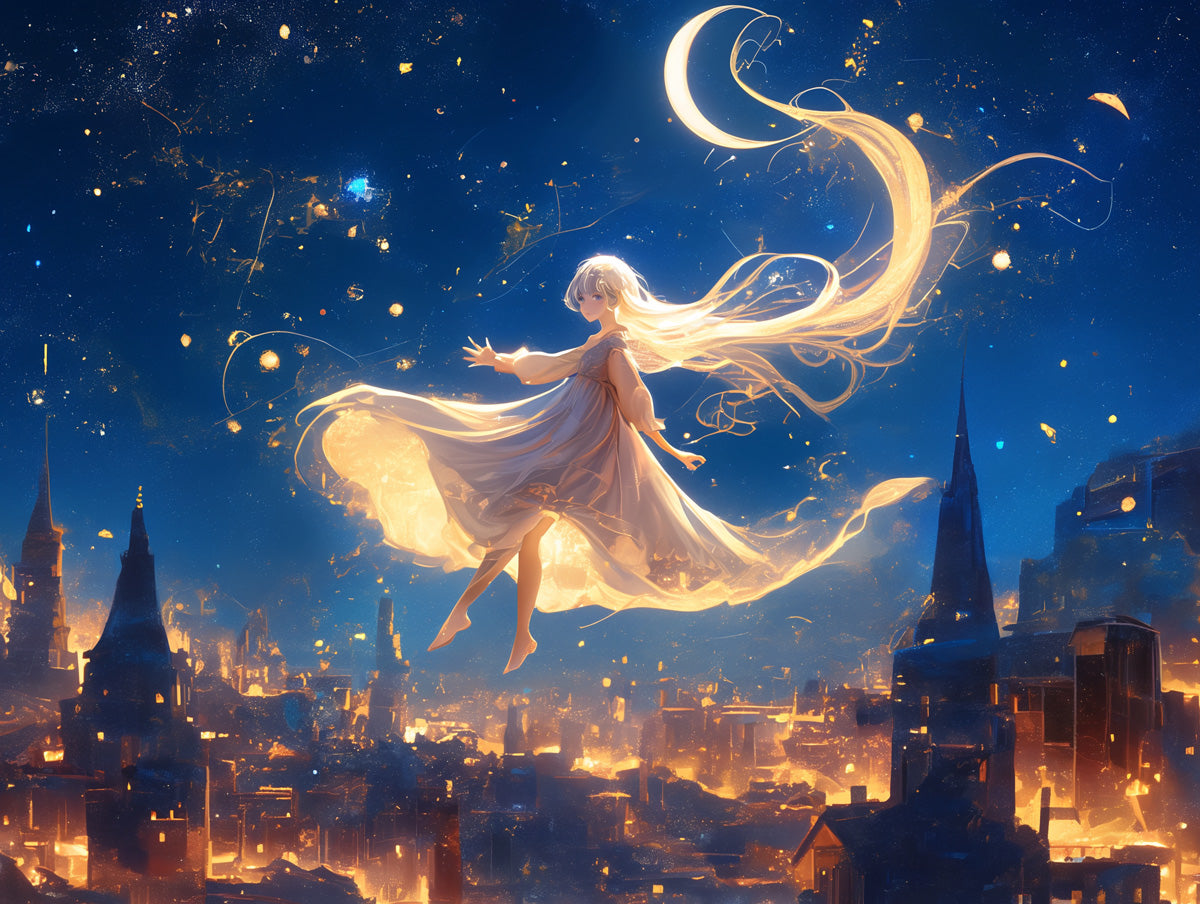 Starry Fantasy Girl Mural Wallpaper | Dark Blue, Gold, Multicolored