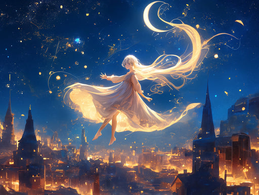 Starry Fantasy Girl Mural Wallpaper | Dark Blue, Gold, Multicolored