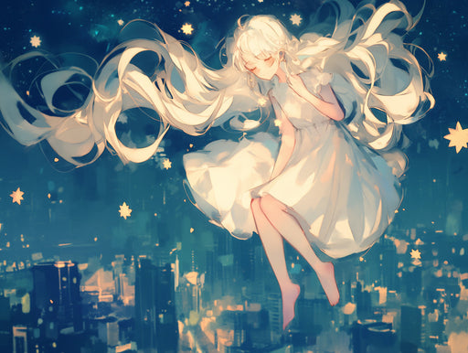 Starry Fantasy Girl Mural Wallpaper | Dark Blue, Gold, Multicolored
