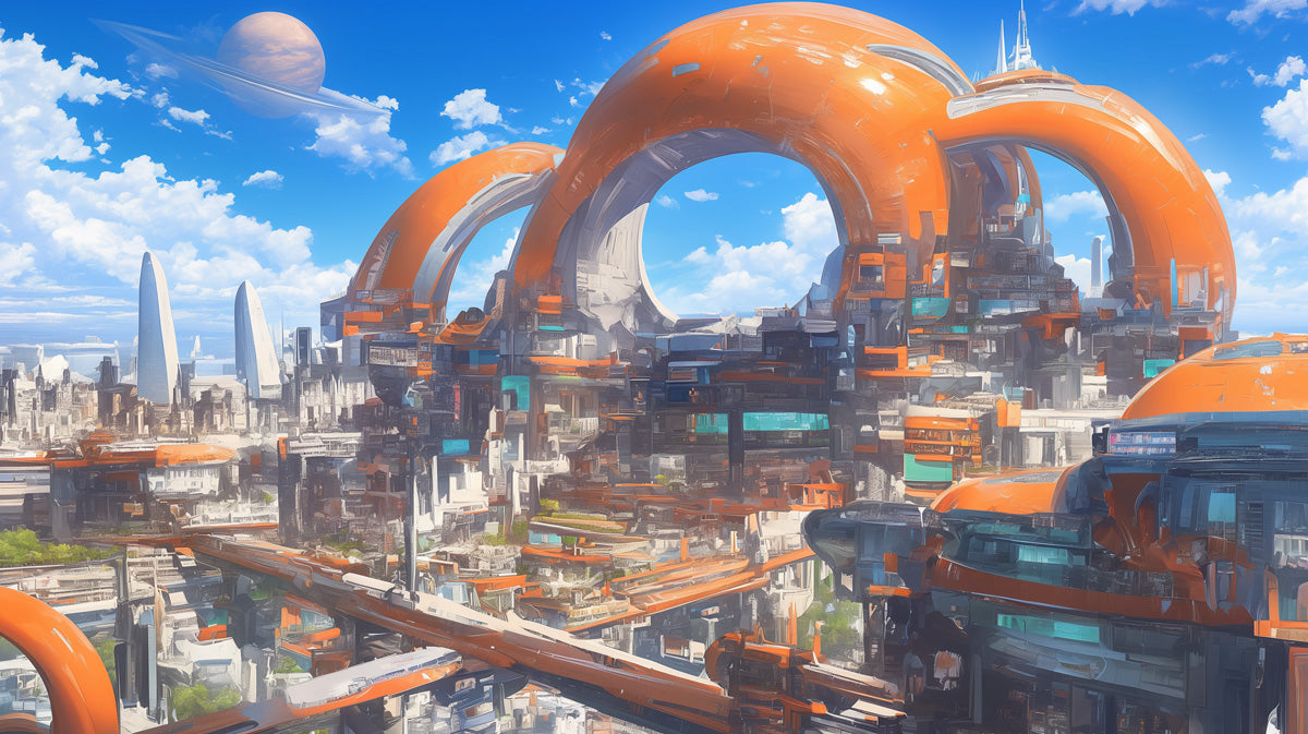 Futuristic Cityscape Mural Wallpaper | Blue, Orange, Multicolored