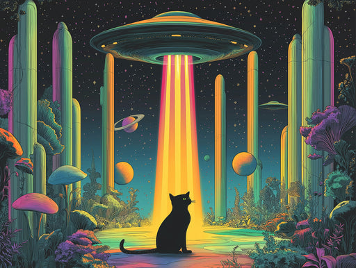 UFO and Cactus Mural Wallpaper | Multicolored, Dark Blue