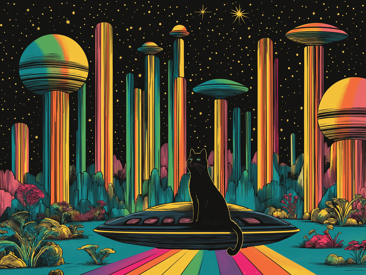 Cosmic Cat and UFO Mural Wallpaper | Multicolored, Black
The content and the effect of this wallpaper: The wallpaper features 