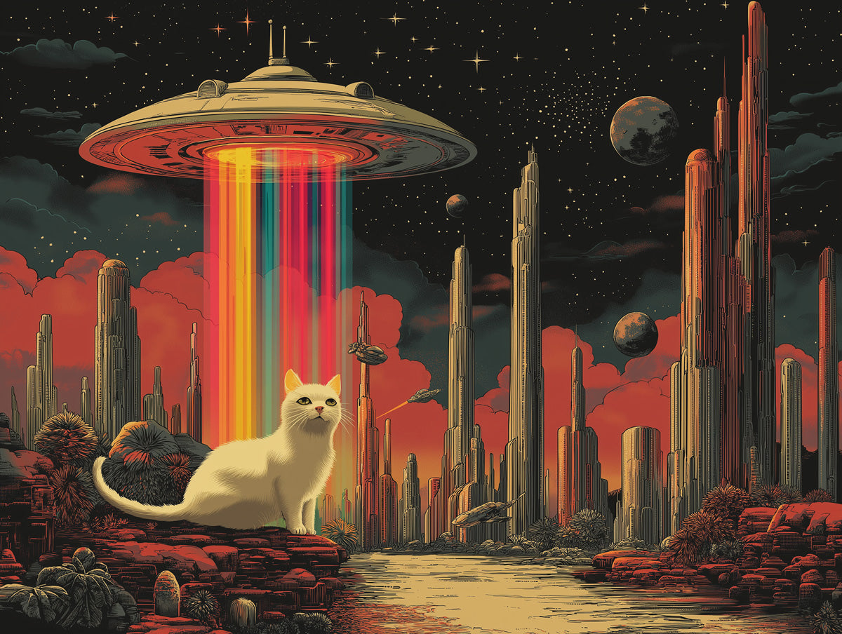 Cosmic Cat and UFO Adventure Mural Wallpaper | Multicolored, Black, Red