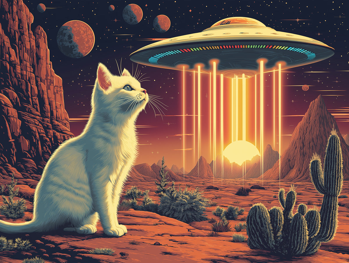 Cosmic Cat and UFO Adventure Mural Wallpaper | Multicolored, Black, Red