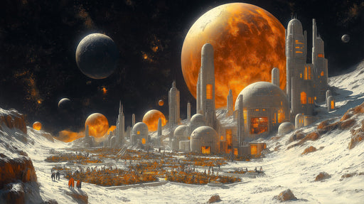 Lunar Cityscape Adventure Mural Wallpaper | Orange, Gray, Black