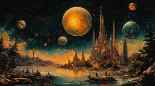 Celestial Castle Fantasy Mural Wallpaper | Orange, Blue, Green