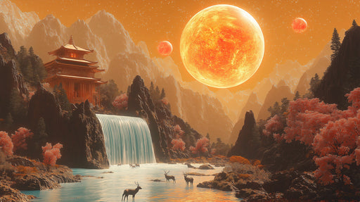 Oriental Cosmic Landscape Mural Wallpaper | Orange, Red, Brown