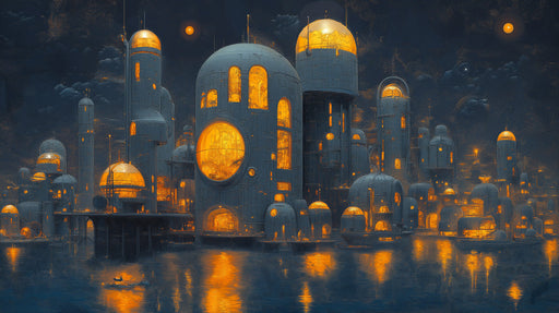 Subterranean Lunar City Mural Wallpaper | Blue, Orange, Gray