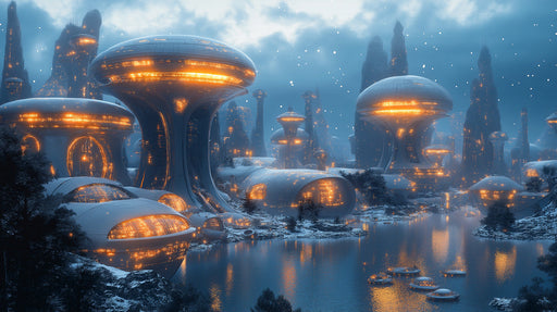 Luminous Alien City Mural Wallpaper | Blue, Orange, Black