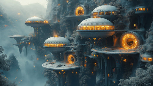 Luminous Alien City Mural Wallpaper | Blue, Orange, Black