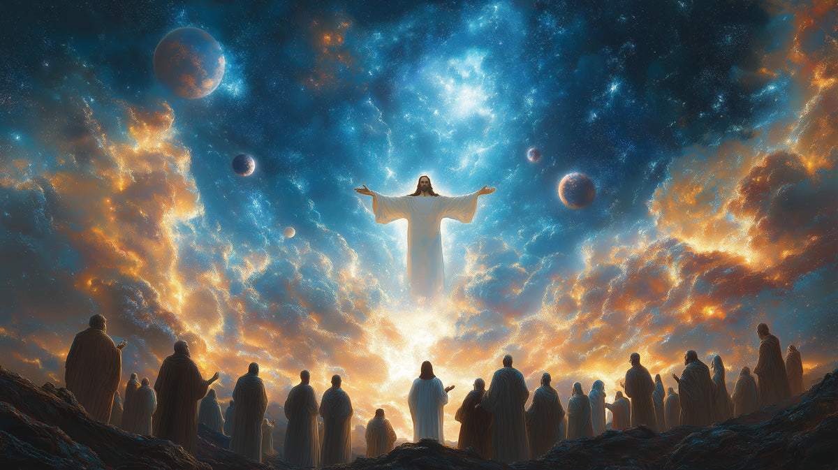 Celestial Savior Mural Wallpaper | Blue, Orange, White