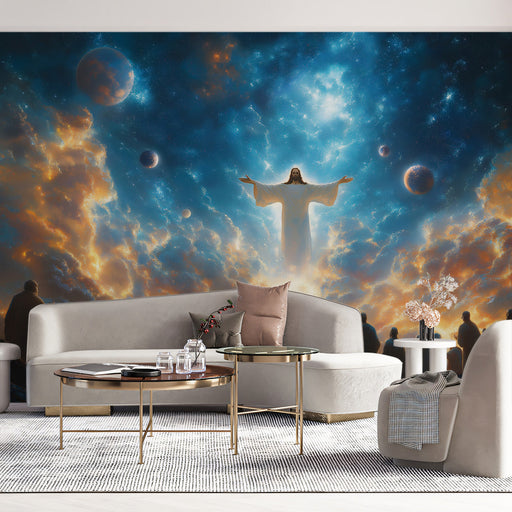 Celestial Savior Mural Wallpaper | Blue, Orange, White