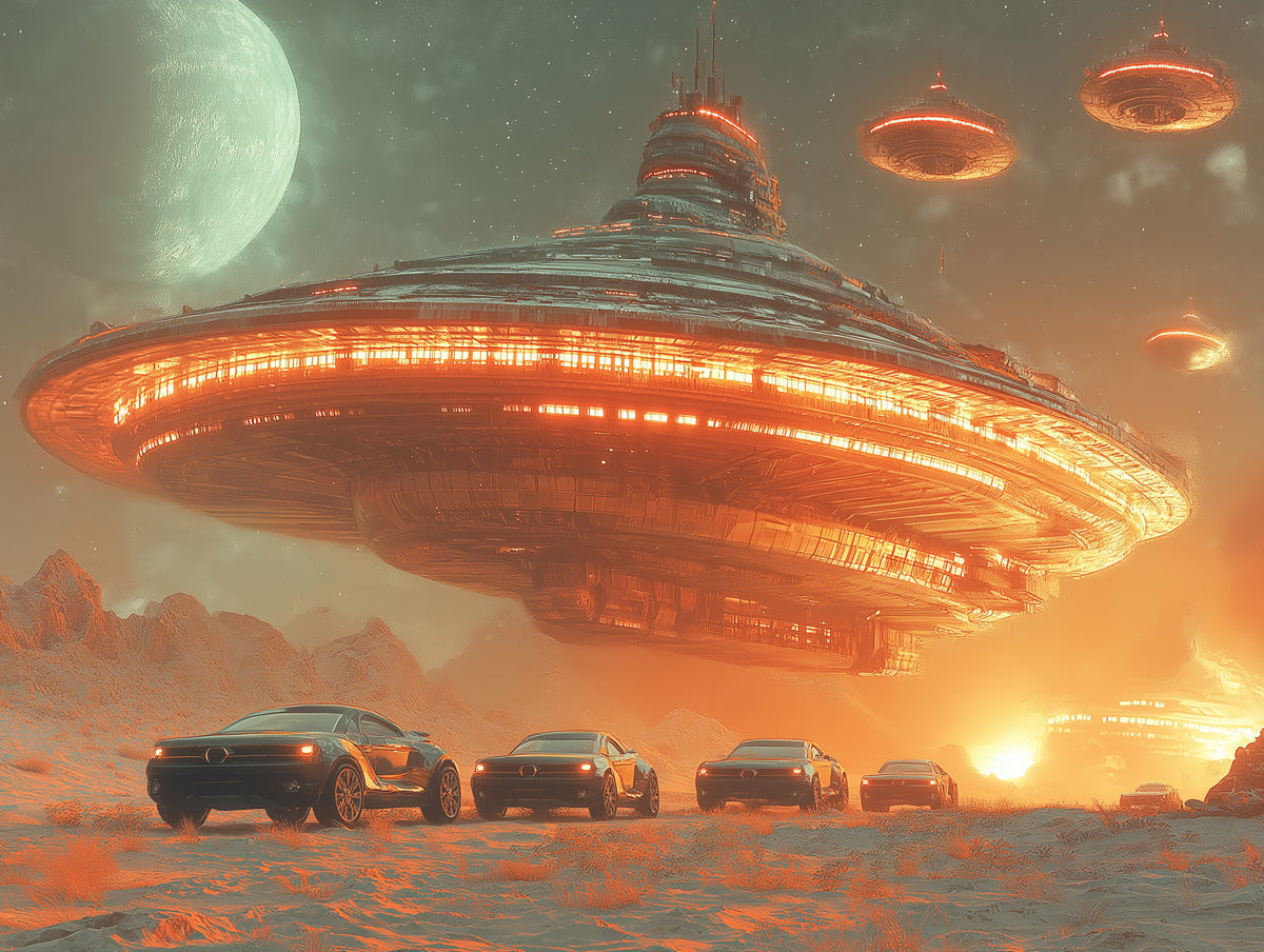 UFO Invasion Mural Wallpaper | Orange, Green, Black