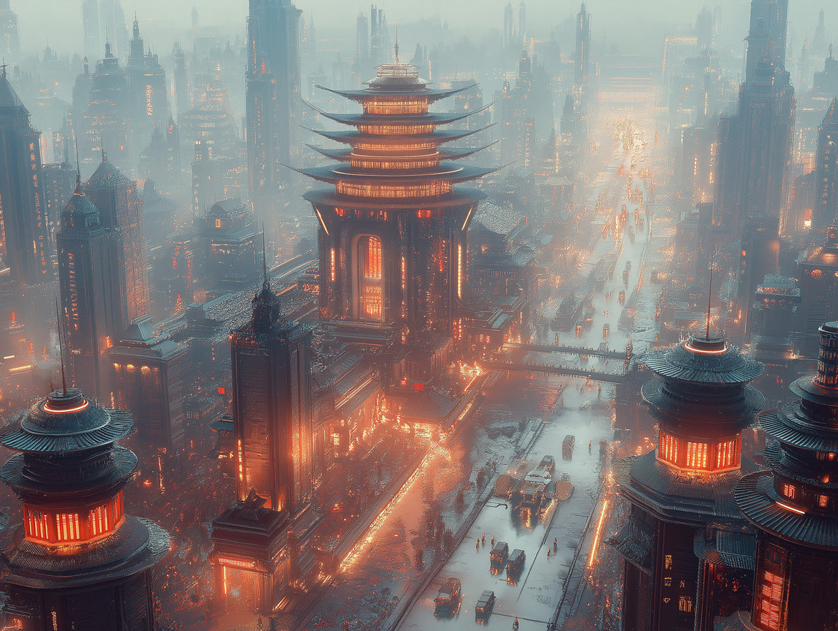 Cybernetic Pagoda Mural Wallpaper | Blue - Green, Orange, Black