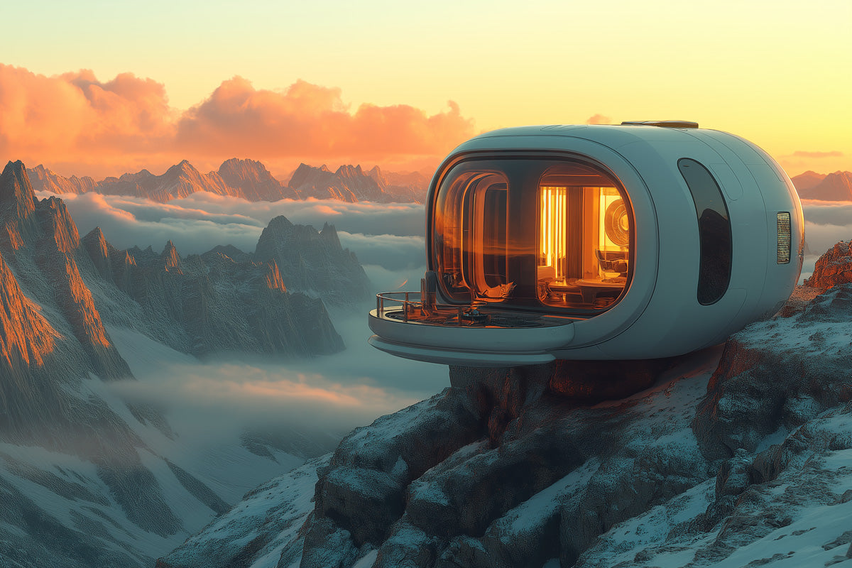 Futuristic Mountain Retreat Mural Wallpaper | Blue, Orange, Gray Dwelling
