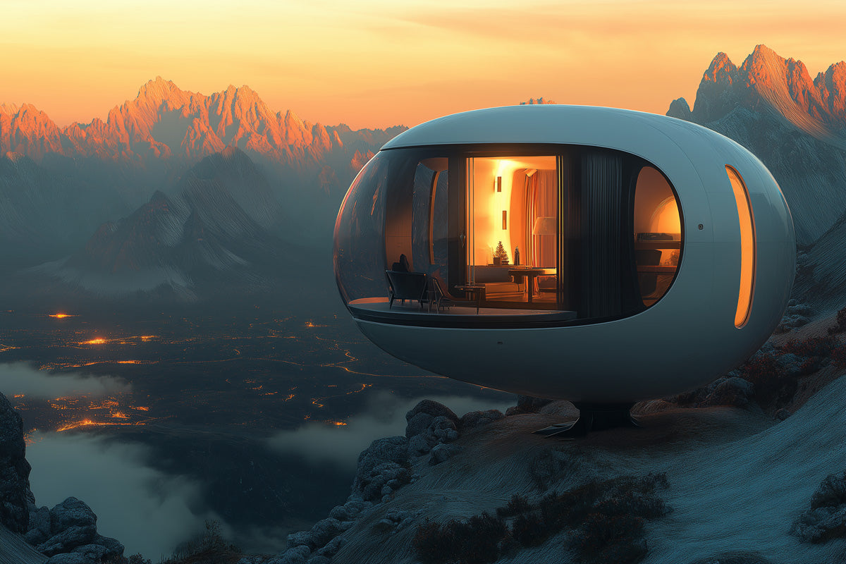 Futuristic Mountain Retreat Mural Wallpaper | Blue, Orange, Gray Dwelling