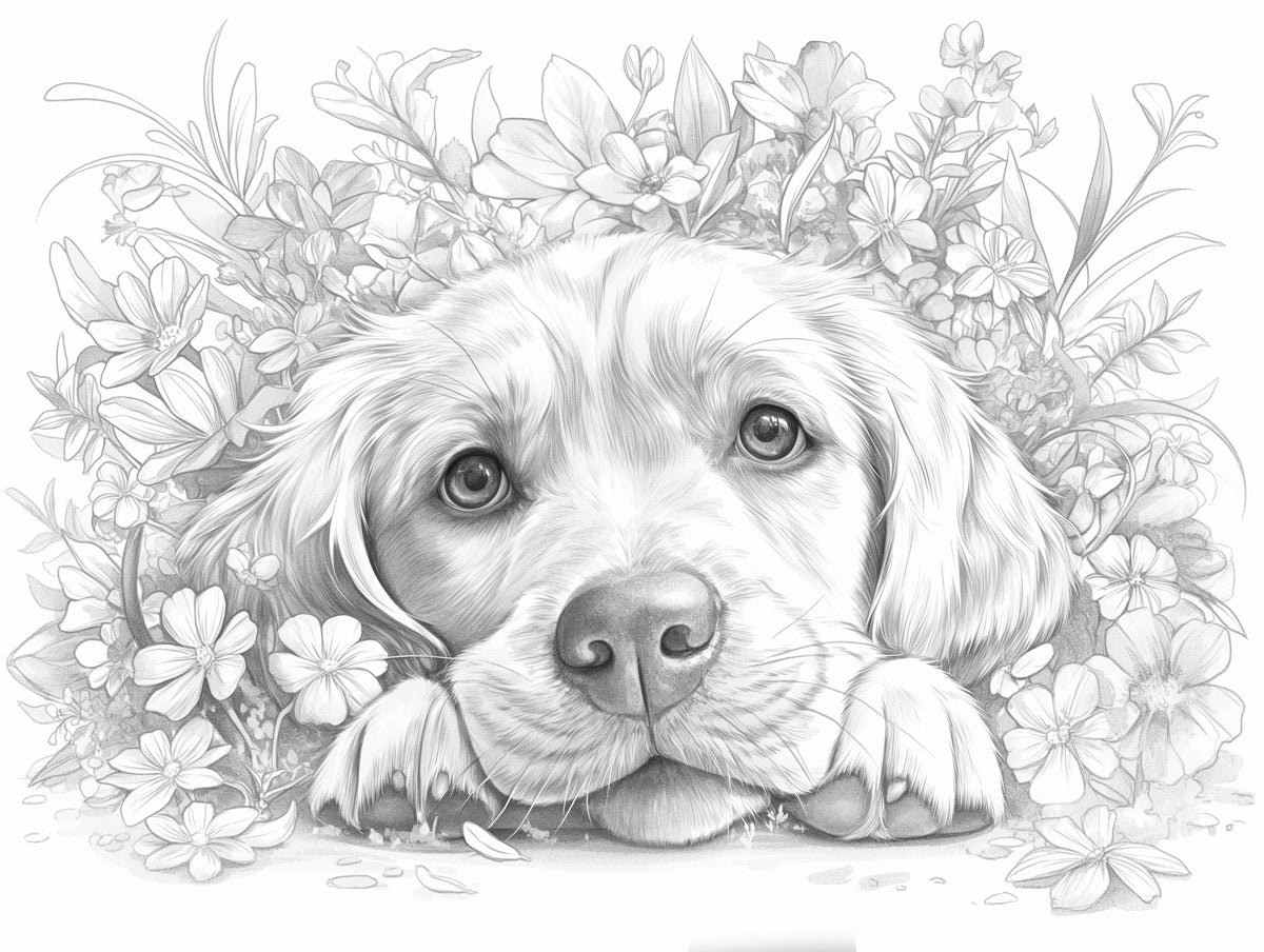 Golden Retriever Mural Wallpaper | Black - and - White with Floral Elements