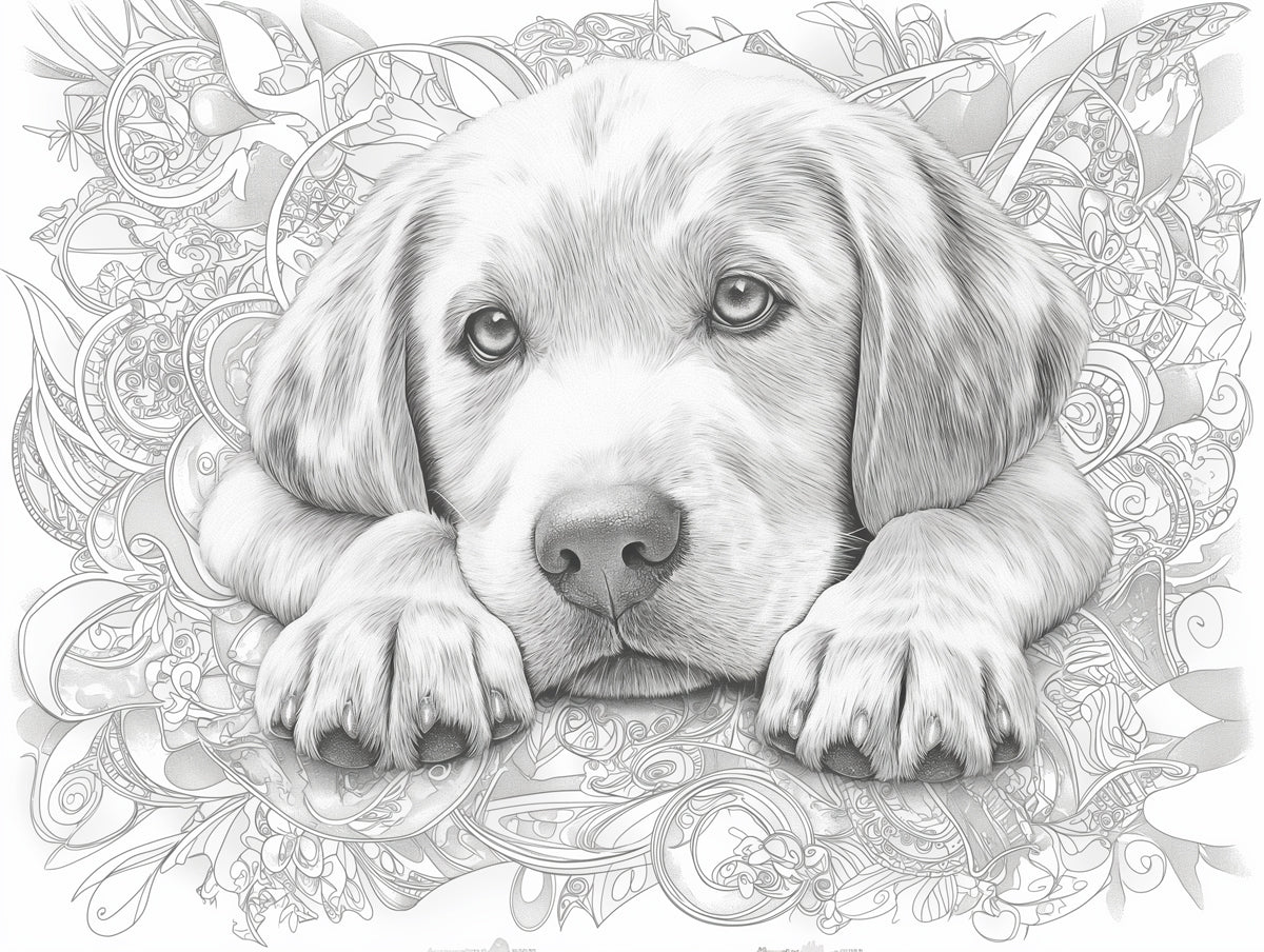Golden Retriever Mural Wallpaper | Black - and - White with Floral Elements