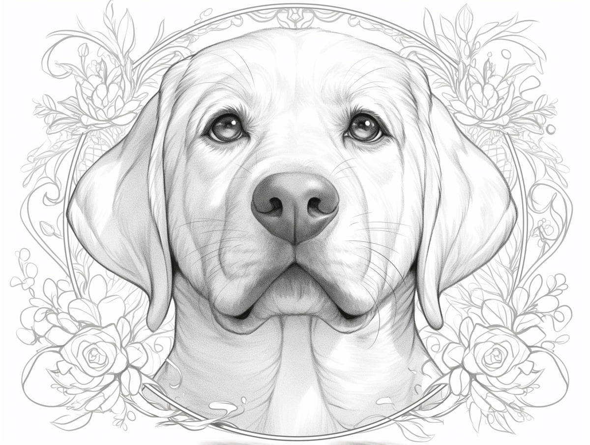 Golden Retriever Mural Wallpaper | Black - and - White with Floral Elements