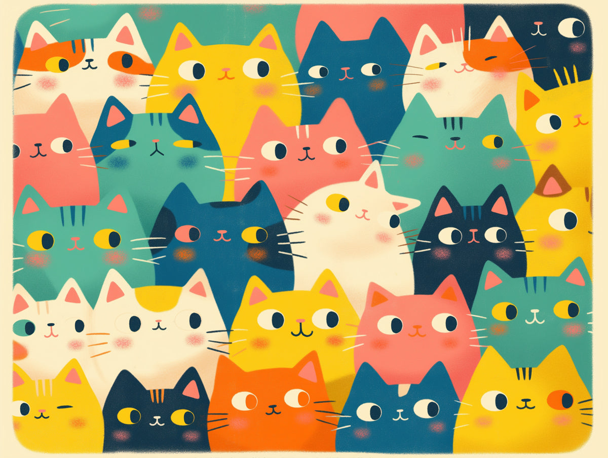 Multicolored Cat Mural Wallpaper | Bright Colors with Multiple Cat Faces