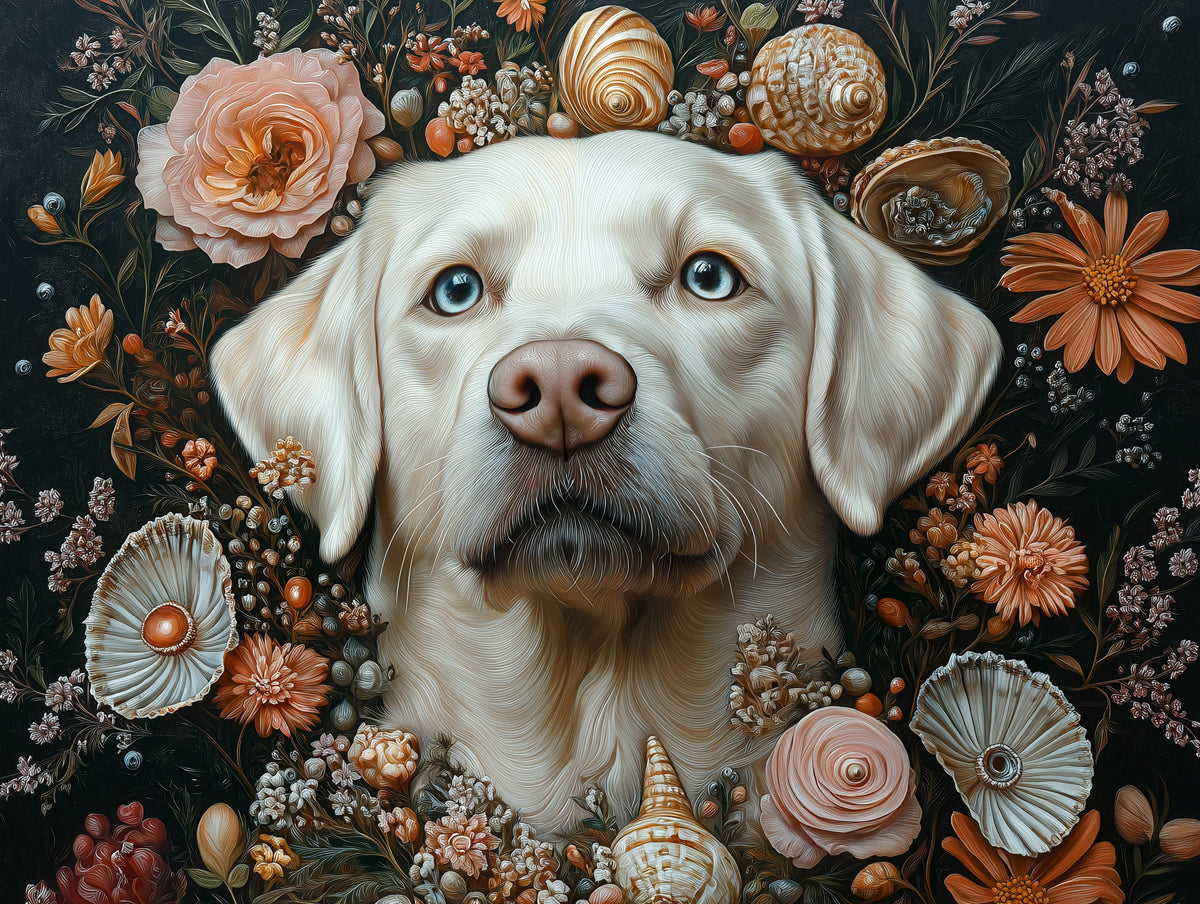 Labrador Retriever Mural Wallpaper | Dark Background with Floral and Shell Elements