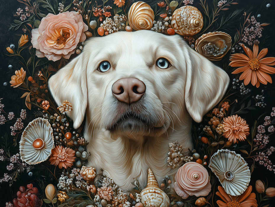 Labrador Retriever Mural Wallpaper | Dark Background with Floral and Shell Elements