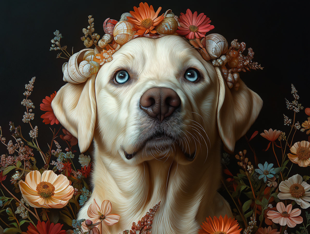 Labrador Retriever Mural Wallpaper | Dark Background with Floral and Shell Elements