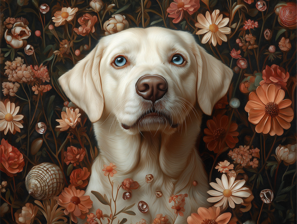 Labrador Retriever Mural Wallpaper | Dark Background with Floral and Shell Elements