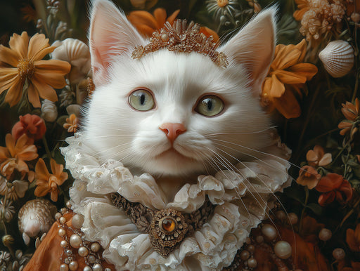 White Cat Mural Wallpaper | Ornate Floral and Shell Background with Crown