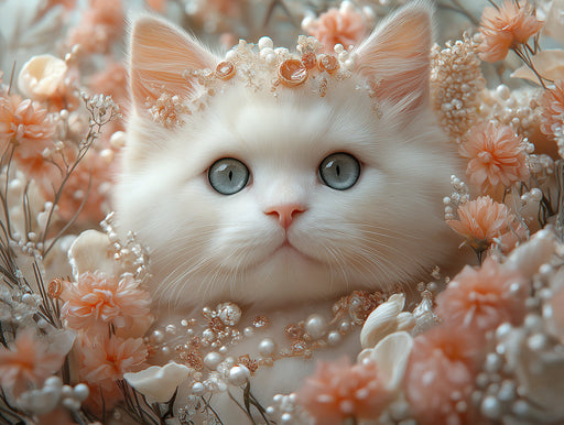White Fluffy Cat Mural Wallpaper | Soft Pink Floral Background