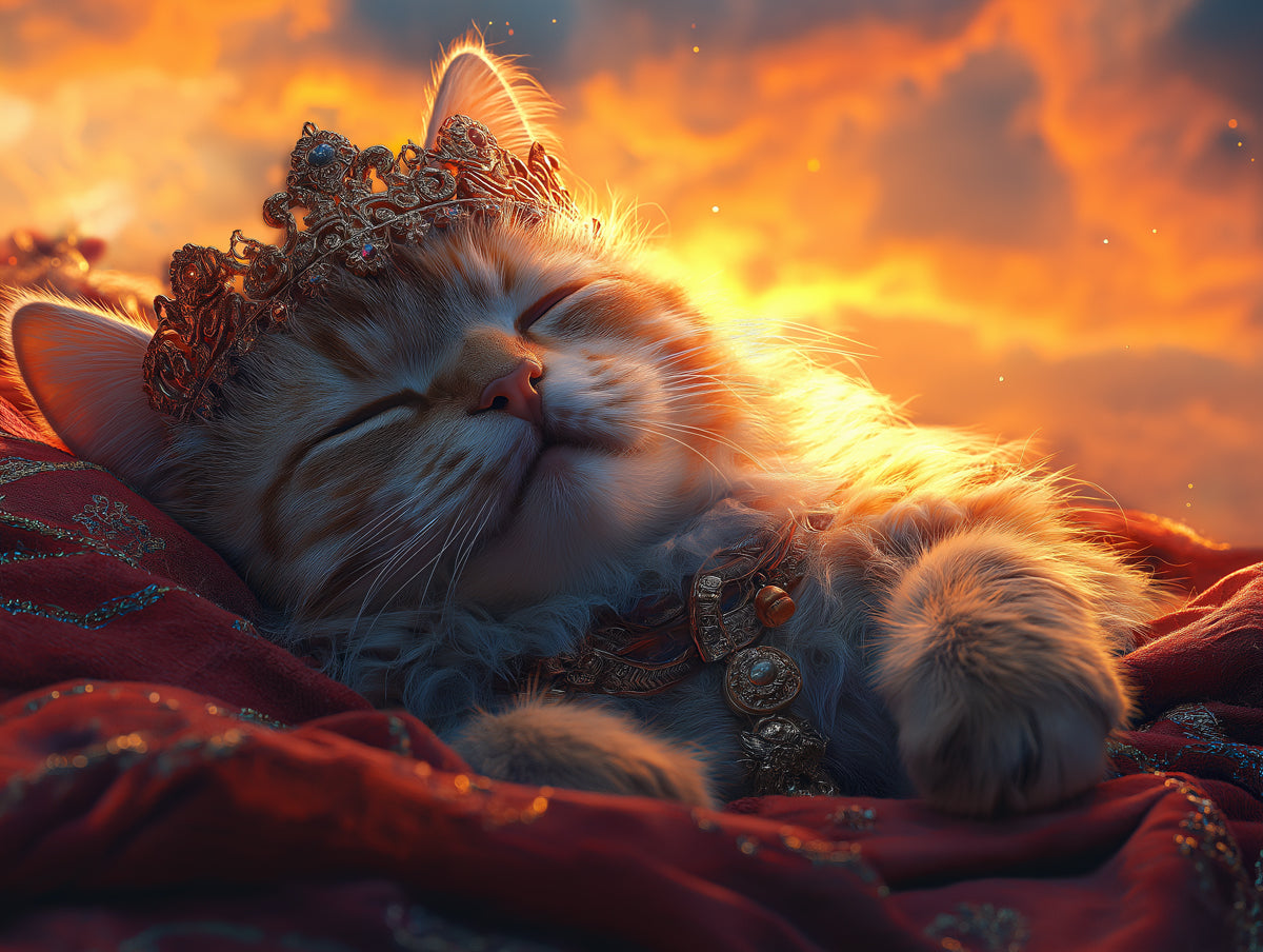 Sleeping Cat with Crown Mural Wallpaper | Sunset - Hued Background