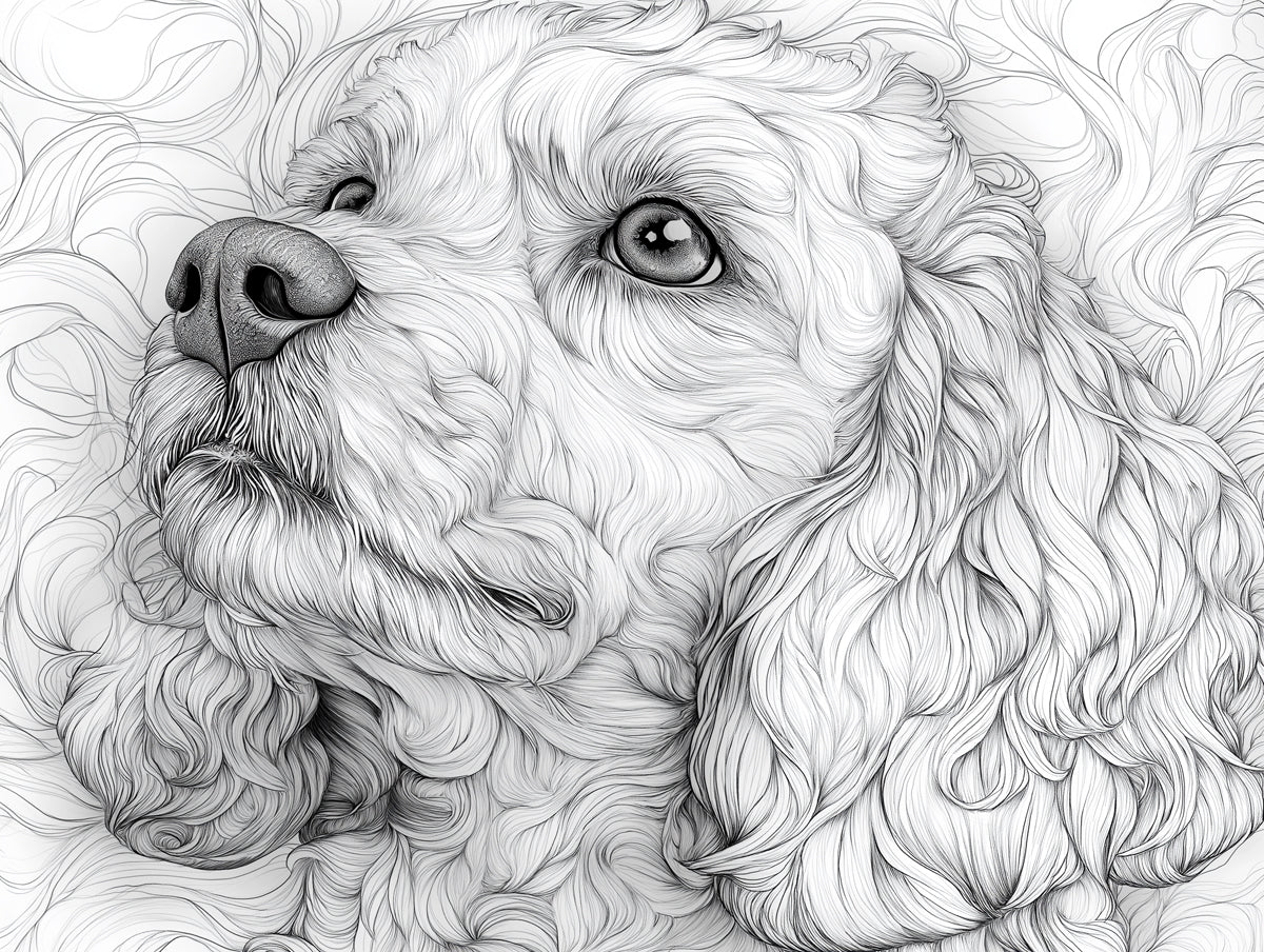 Long - Haired Dog Mural Wallpaper | Black - and - White with Textured Fur