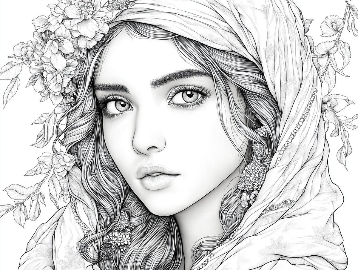 Woman with Hat Mural Wallpaper | Black - and - White with Floral Elements