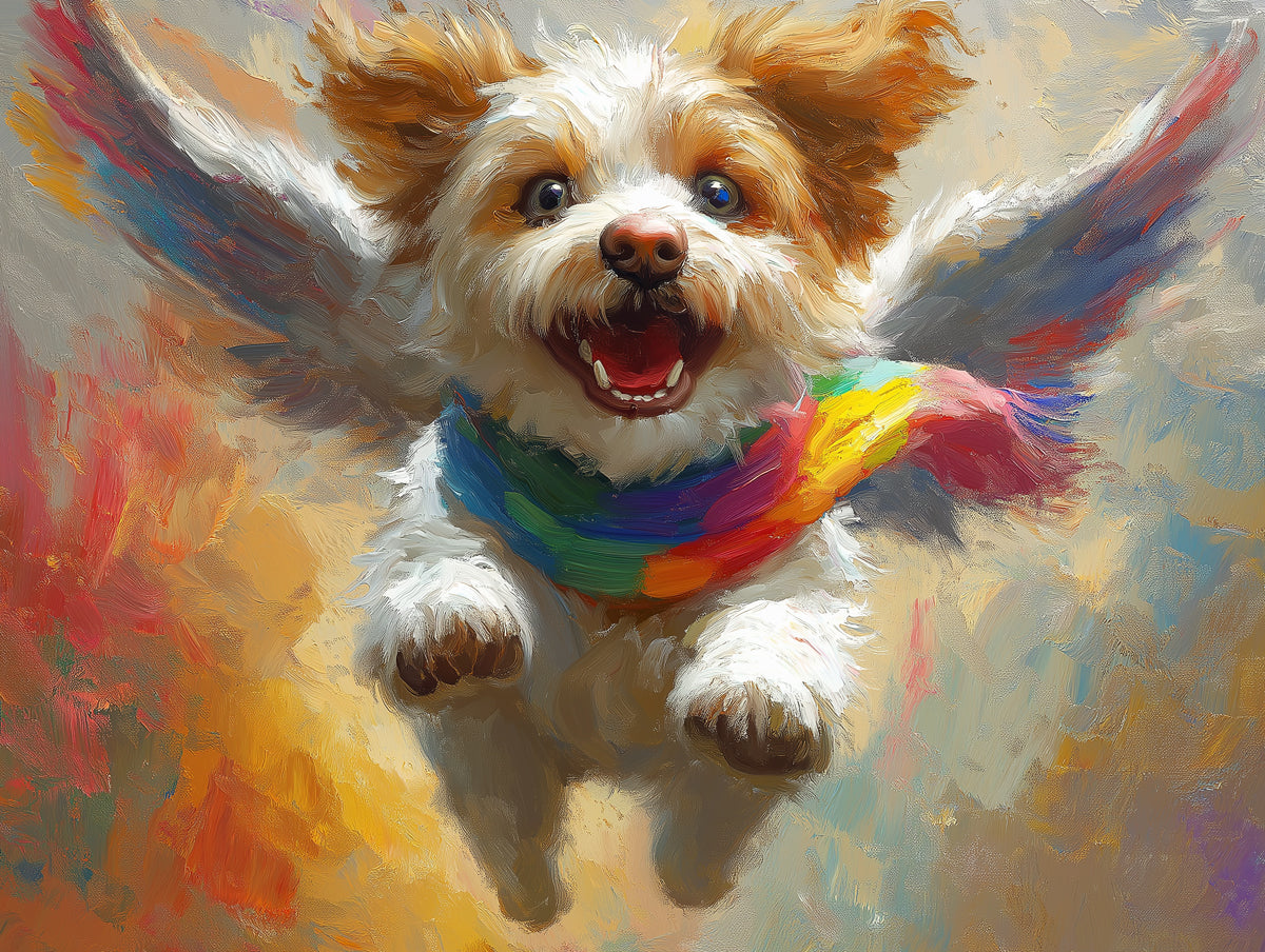 Flying Dog with Rainbow Scarf Mural Wallpaper | Colorful and Artistic Background