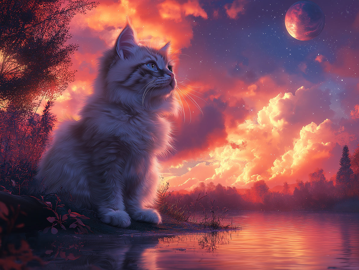 Fluffy Gray Cat Mural Wallpaper | Sunset - Hued Sky Background