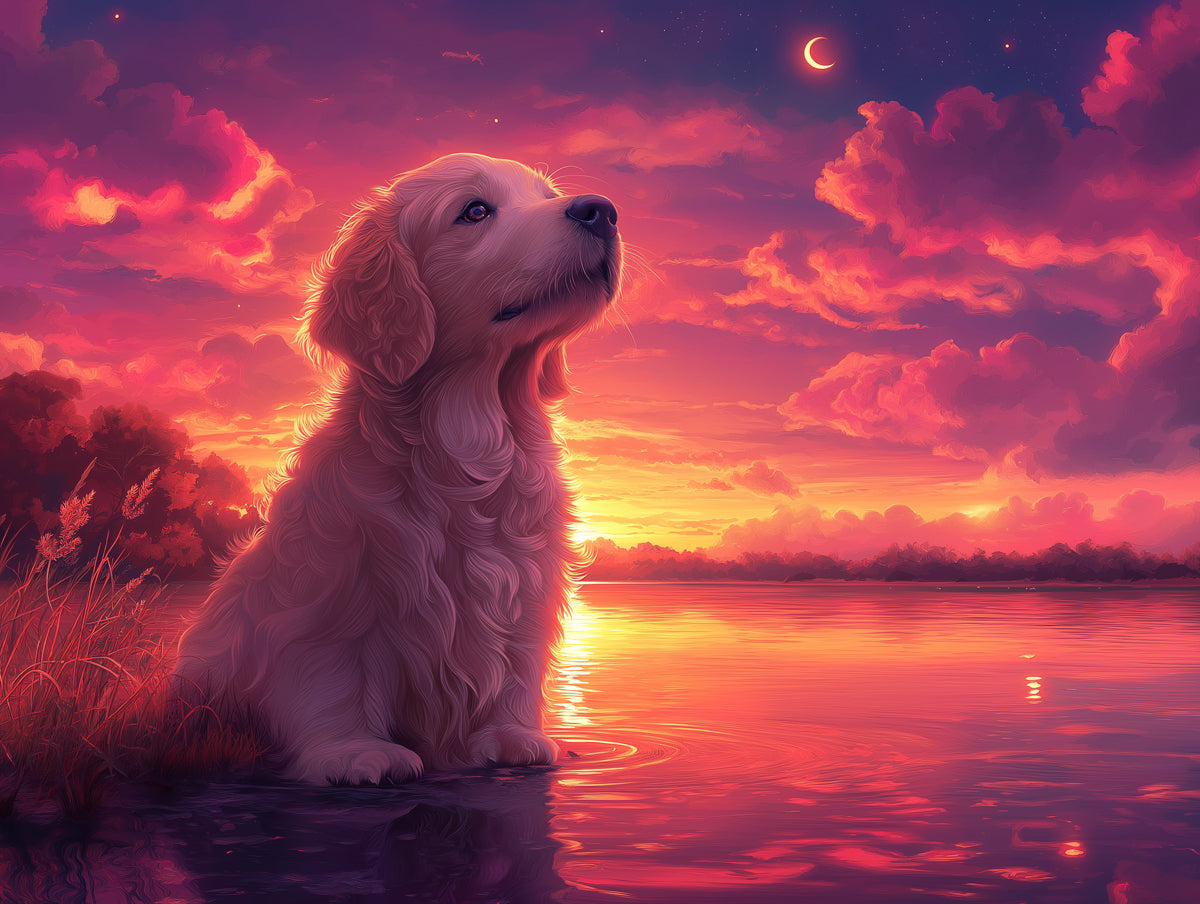 Golden Retriever Mural Wallpaper | Sunset - by - the - Lake Background