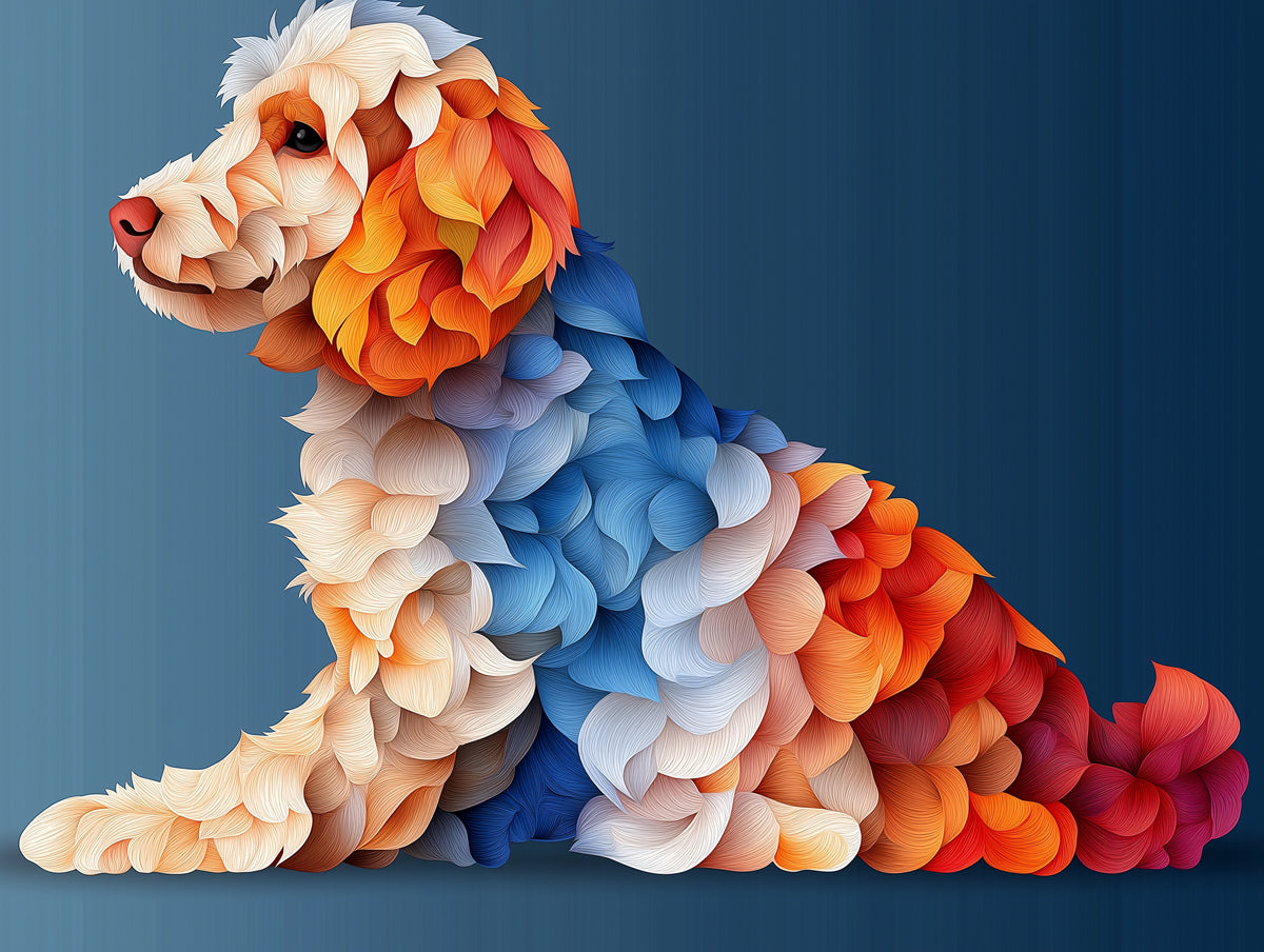 Geometric Dog Mural Wallpaper | Blue Wall with Color - blocked Fur