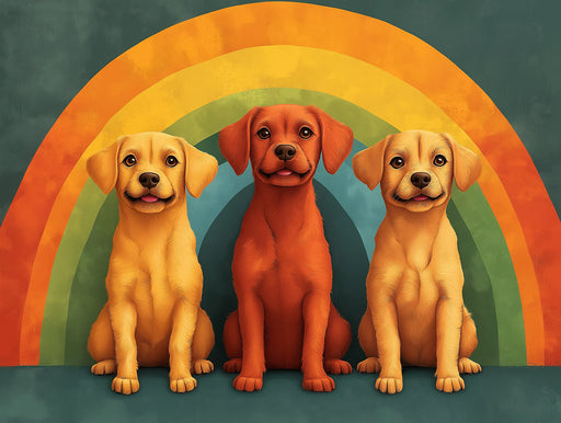 Cheerful Puppies Mural Wallpaper | Rainbow - background with Three Pups