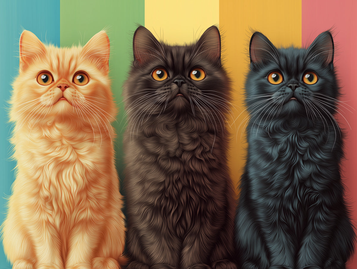 Tri - colored Cat Mural Wallpaper | Multicolored Background with Fluffy Felines