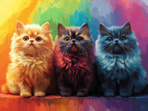 Tri - colored Cat Mural Wallpaper | Multicolored Background with Fluffy Felines