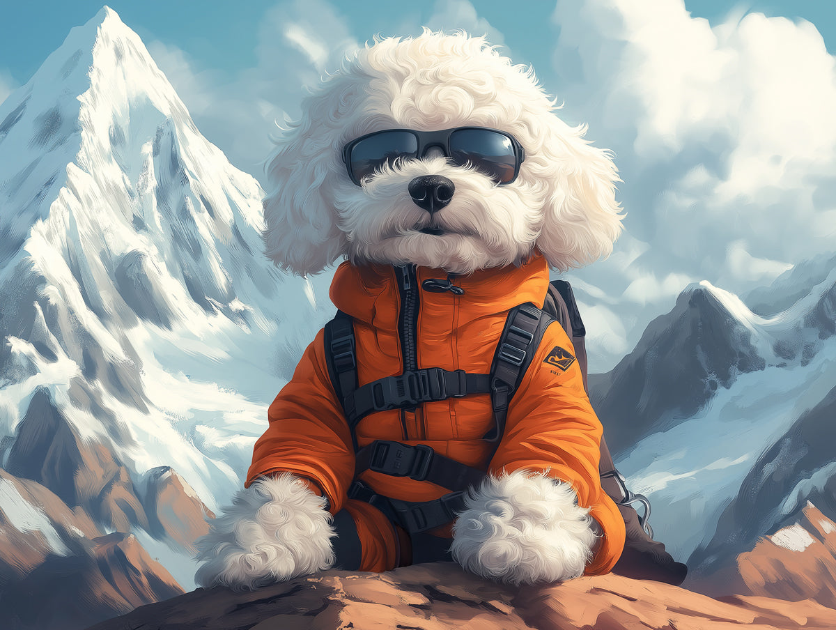 Mountain - adventurer Dog Mural Wallpaper | Alpine Background with Cool Poodle