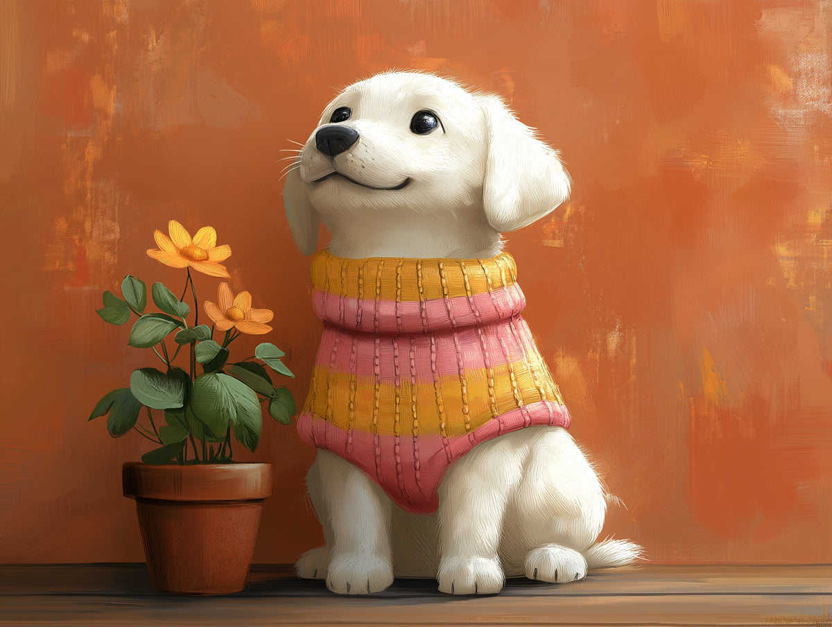 Cosy Dog Mural Wallpaper | Orange - pink Background with Sweater - clad Pup