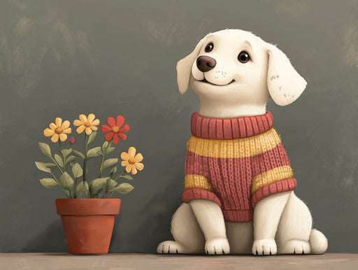 Cheerful Dog Mural Wallpaper | Grey - green Background with Sweater - wearing Pup