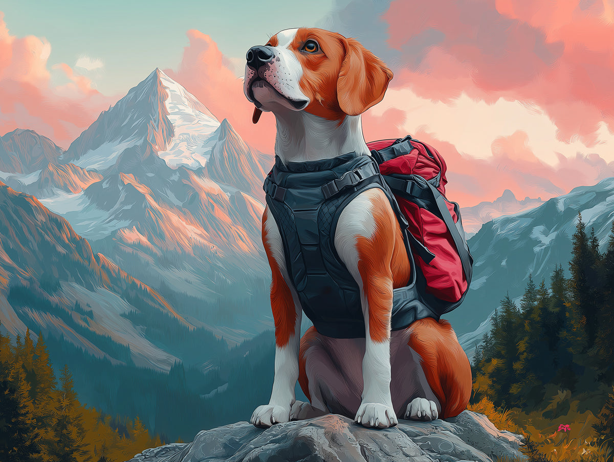 Explorer Dog Mural Wallpaper | Mountain - sky Background with Backpack - wearing Beagle