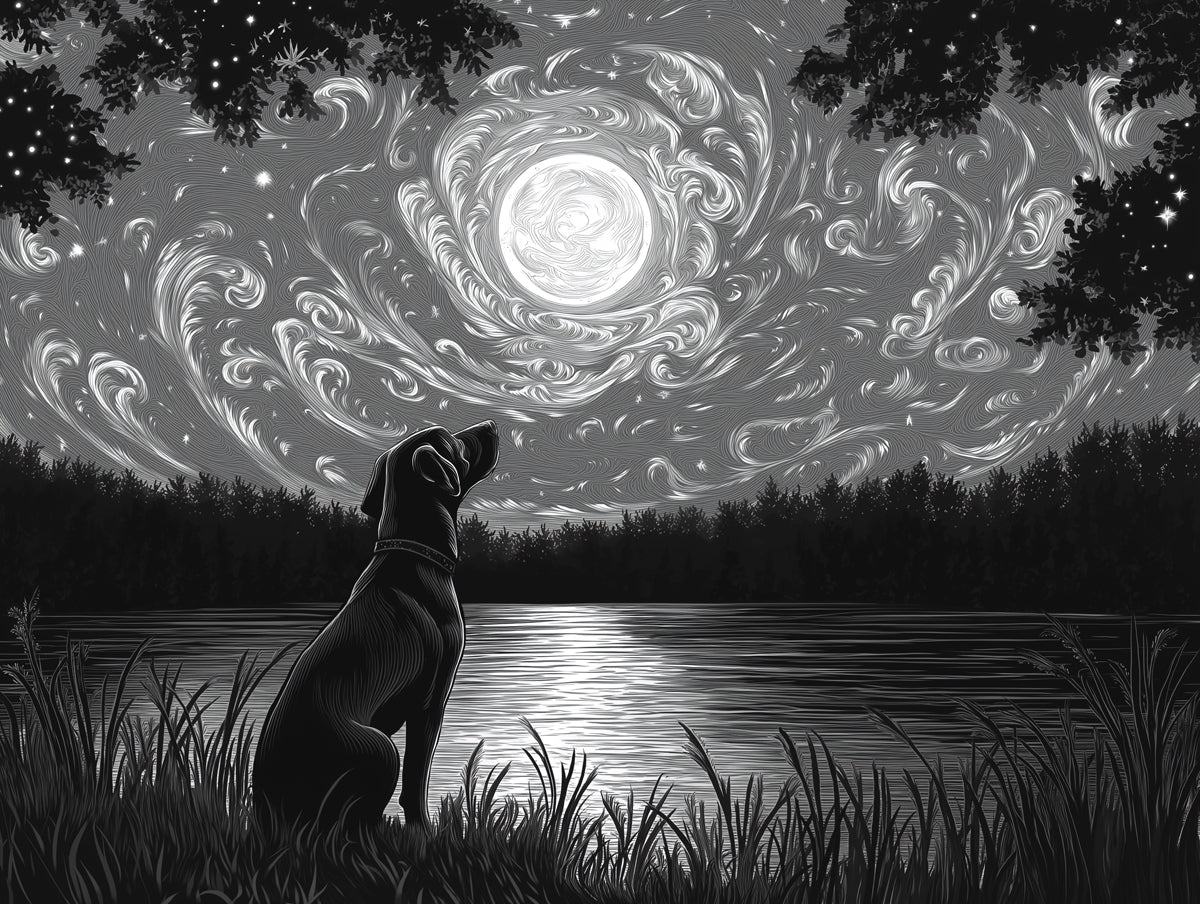 Mysterious Dog Mural Wallpaper | Black - and - white Cosmic Background