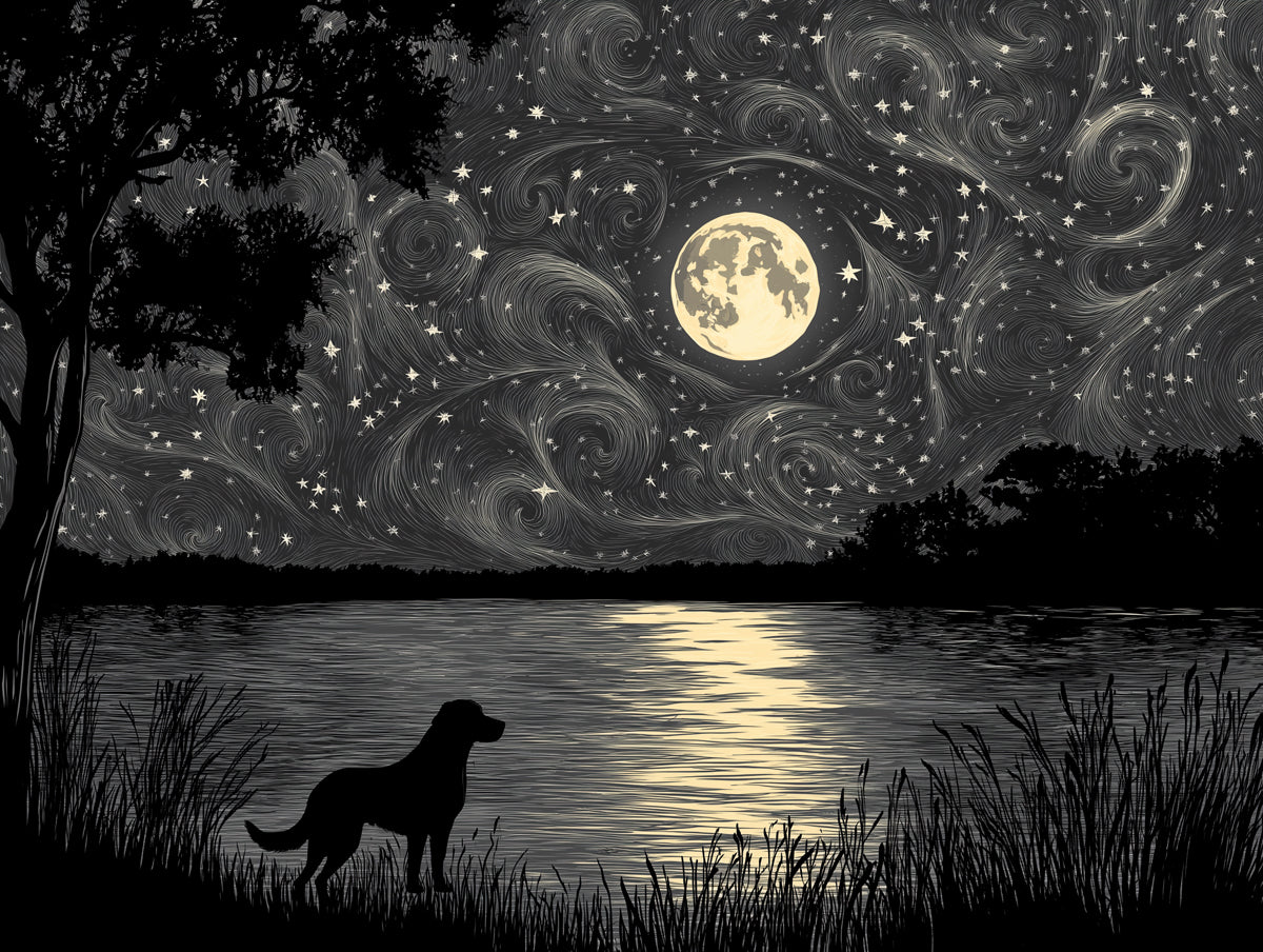 Mysterious Dog Mural Wallpaper | Black - and - white Cosmic Background