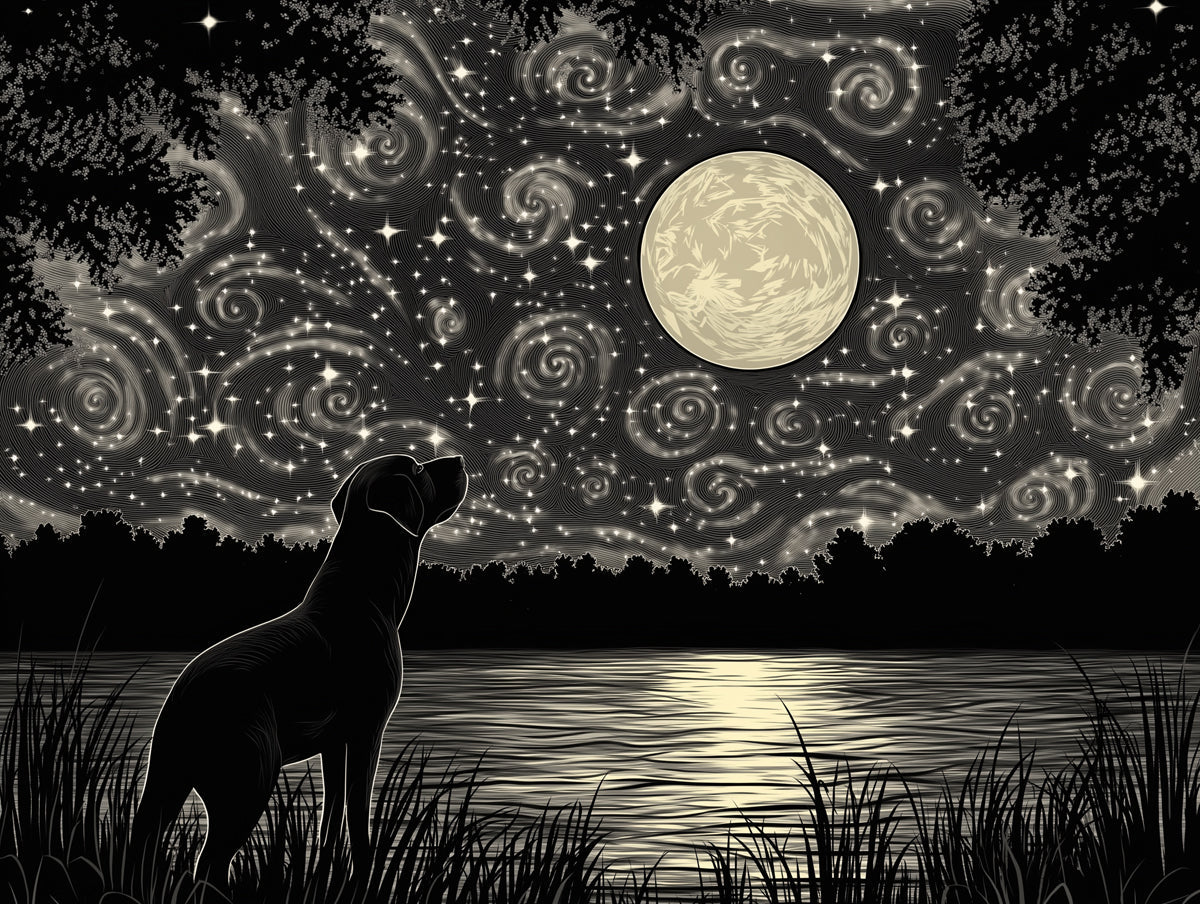 Mysterious Dog Mural Wallpaper | Black - and - white Cosmic Background