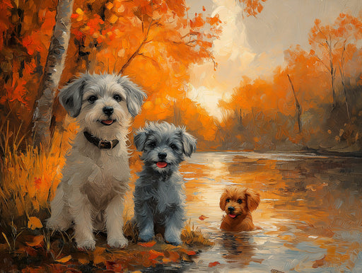 Two Bichon Frises Mural Wallpaper | Autumn - themed Background