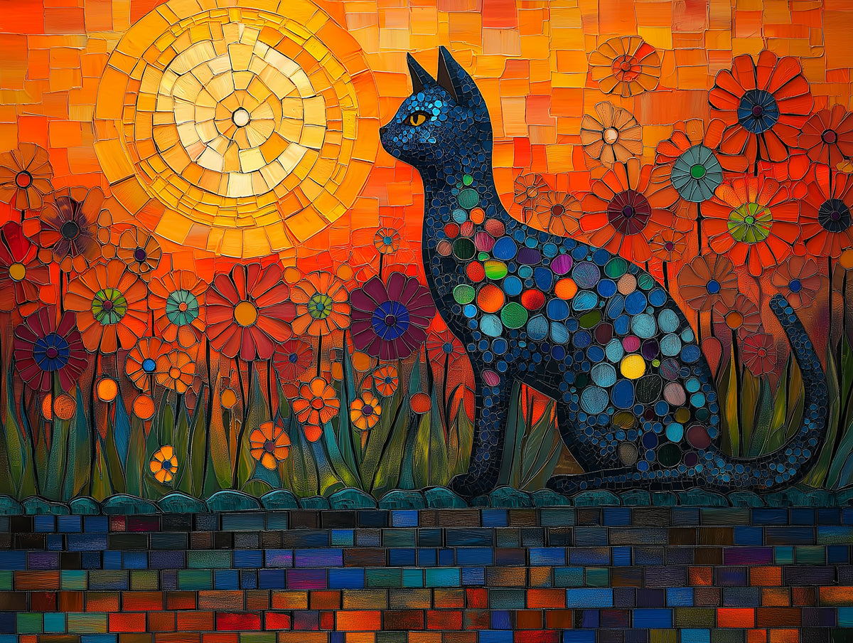 Mosaic - style Cat Mural Wallpaper | Orange Floral Background with Blue Cat